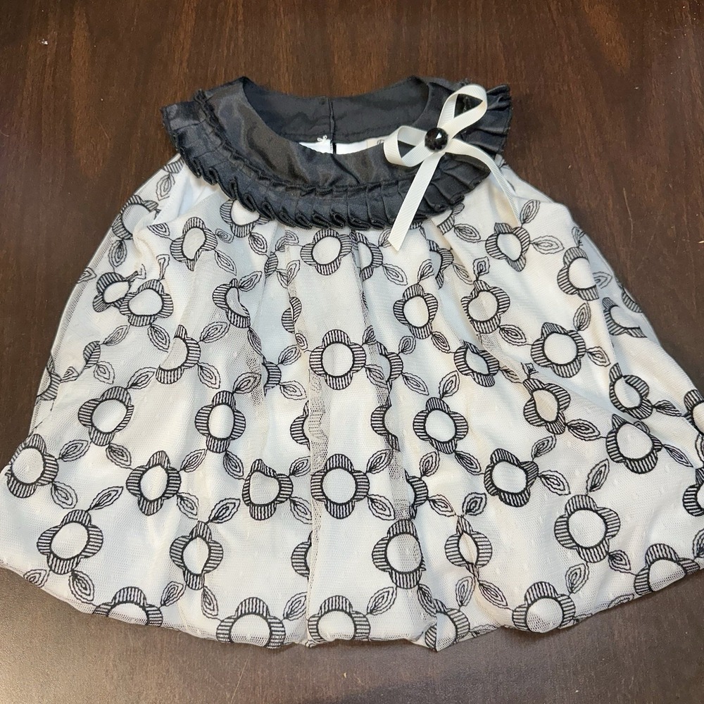 Y2K Rare Too! Bubble Top Off White Black Floral Mesh Girls Sz 18M Ruffle Bow Vtg